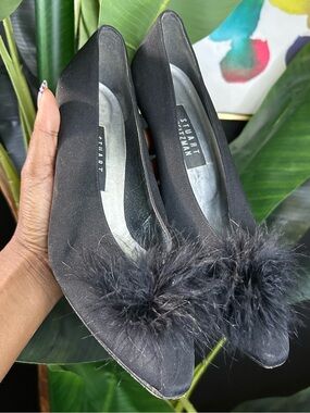 Stuart Weitzman Black Feather Pom Pom Pointed Heels